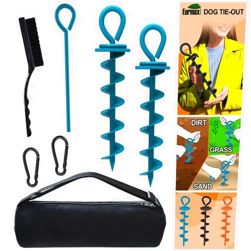 Eurmax USA Heavy Duty Dog Tie Out Stake for Large Dogs up to 210 lbs Dog Stakes for Outside,Dog Anchor, and Dog Gadget Dog Accessories Dog Leash Stake Dog Runner Trampoline Stakes 2-Pack (Navy Blue)