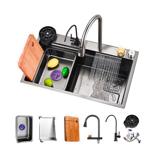 NOYHHAV Waterfall Kitchen 32in Sink Single bowl kitchen sinks Black stainless steel bar sink with Pull-Faucet，Nano family sink undermount of Countertop installation with Full set of Accessories