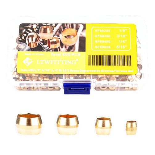 LTWFITTING Assortment Kit 1/8 3/16 1/4 5/16 Inch OD Compression Sleeves Ferrules, Brass Compression Fittings(Pack of 200)