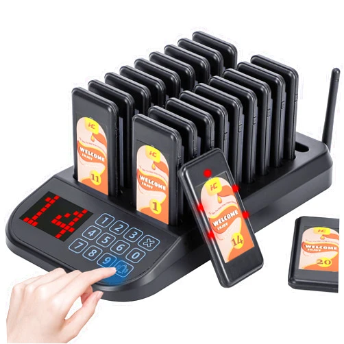 Hanchen Restaurant Pager System Wireless Calling System Social Distancing Buzzer Max 98 Nursery Pager Set Vibration Waiting Buzzers for Food Truck Church Clinic (20 Pagers (Updated Version 2))