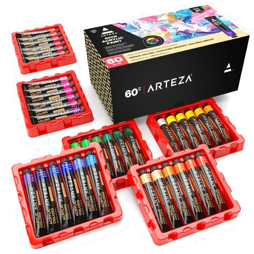 ARTEZA Acrylic Paint Set, 60 Colors (0.74 oz Tubes) – High-Viscosity, Richly Pigmented Acrylic Paints with 5 Metallic Colors for Canvas, Wood & Mixed Media