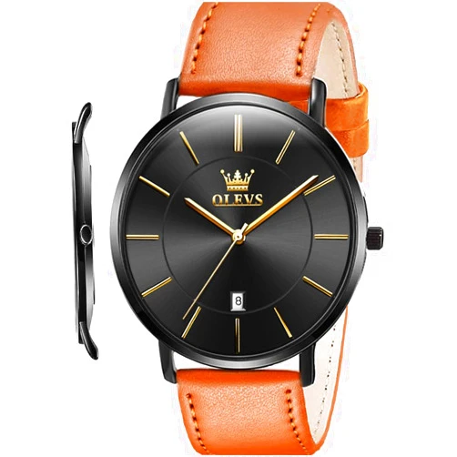 OLEVS Mens Watches Minimalist Ultra Thin Fashion Casual Analog Quartz Date Watch Waterproof Slim Simple Big Face Dress Wrist Watch with Retro Leather Band for Men