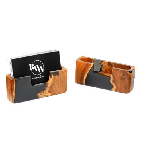 RWA resinwood.art Best Business Card Display Stand. Unique Wooden slim cards holder for office. Small Desk cardholder organizer storage. Home desk organizer and accessories wood (onyx black)