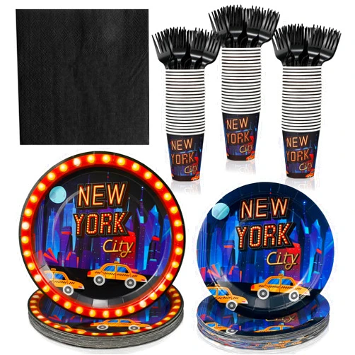 Zubebe 120 Pcs NYC Birthday Party Supplies for 24 Guests NYC Themed Disposable Tableware Dinnerware Set NYC Cityscape Paper Plates Napkins Cups for Baby Shower Parties Decoration