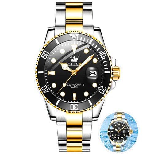 OLEVS Mens Watches, Silver Dress Gold Classic Luxury Big Large Face Waterproof Watches for Men, Analog Two Tone Stainless Steel Men Wrist Watch with Date Relojes De Hombre (Green/Blue/Black Dial