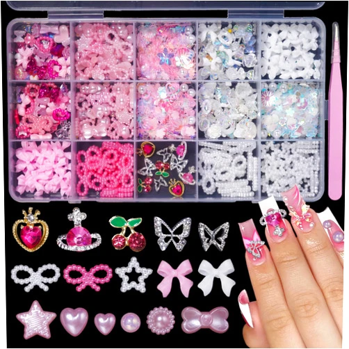 Berovskki 3D Silver Butterfly Cherry Planet Nail Rhinestones Gems Charms Mix Pink Color Pearls Nail Charms Assorted Bow Butterfly Heart Bear Star Nail Charms for Nail Art DIY Manicure Jewel Accessories