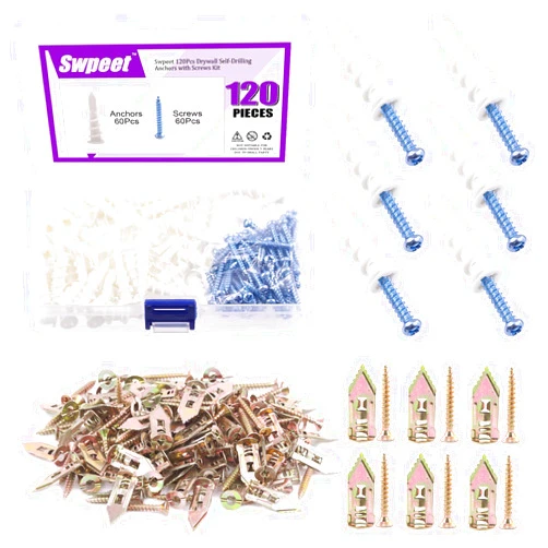 Swpeet 200Pcs Drywall Self-Drilling Anchors with Screws Kit + 120Pcs Plastic Self Drilling Drywall Anchors