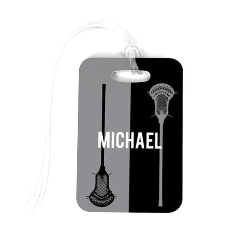 ChalkTalkSPORTS Guys Lacrosse Luggage & Bag Tag | Personalized Vertical Lacrosse Stick | Standard Lines on Back | Medium | Gray/Black
