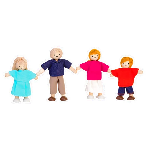 PlanToys Wooden Dollhouse Family- Mom, Dad, Son, and Daughter (7415) | Sustainably Made from Rubberwood and Non-Toxic Paints and Dyes