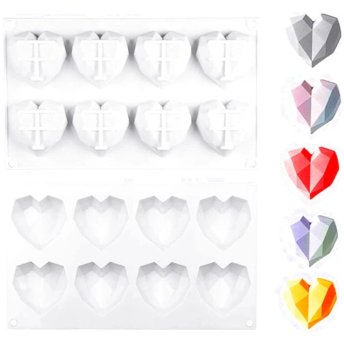 Bamutu 3D Diamond Love Heart Mousse Silicone Chocolate Mould 2PCS 8-Cavity Heart Shape Chocolate Candy Jelly Mold Baking Pan Mold for Cake Dessert Ice Cream Jelly Soap DIY Tools