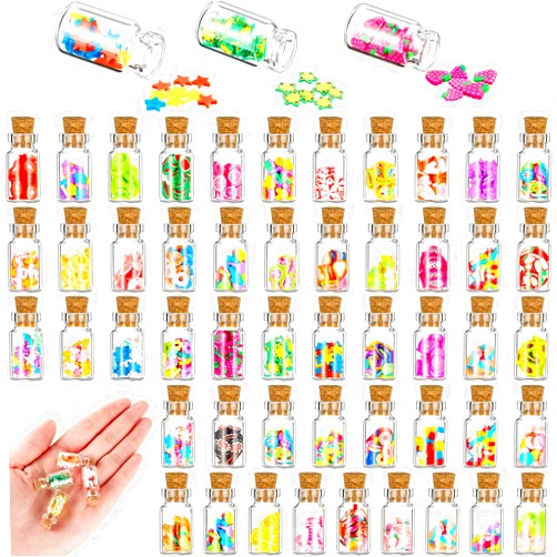 Sumind 50 Pieces Cute Miniature Dollhouse Food Jar Glass Bottle 1:12 Mini Fruit Simulation Scene Candy Snack Model Party Pretend Play Doll House Kitchen Decoration for Dollhouse
