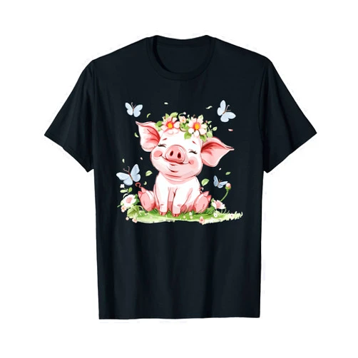 Colorful Pig Art I Cartoon Pig Cute Pig With Flowers I Kids Pig T-Shirt