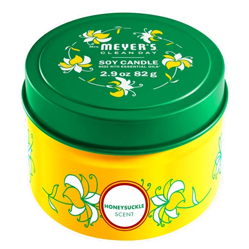 MRS. MEYER'S CLEAN DAY Mrs. Meyer's Soy Tin Candle, 12 Hour Burn Time, Made with Soy Wax and Essential Oils, Honeysuckle, 2.9 oz