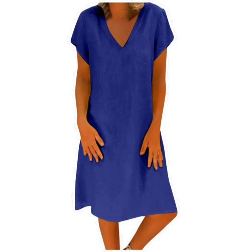 8QIDA Women's Casual Dress 2024 Fashion Women's V Neck Solid Color Linen Cotton Short Women's Summer 2024 Fashion Dress