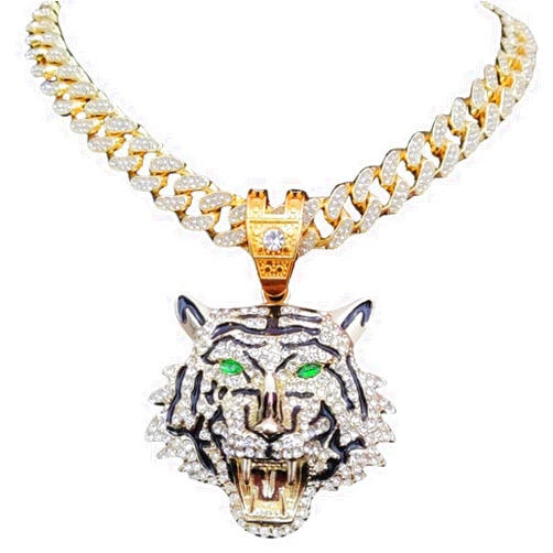 Generic Razered Men Women Hip Hop Tiger Pendant Necklace with 13mm Crystal Cuban Chain HipHop Iced Out Bling Necklaces Fashion Charm Jewelry - Gold color - 18inch