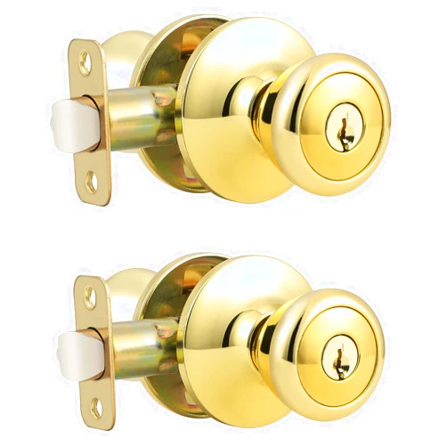 GOBEKOR 2 Pack Keyed Alike Door Knobs Polished Brass Exterior Door Knob with Same Keys Tulip Entry Door Knobs with Lock and Key