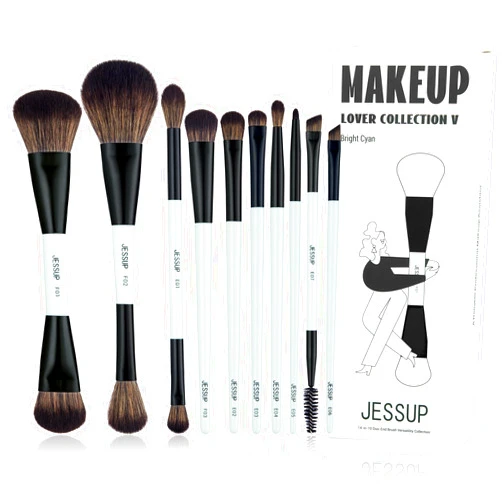 Jessup Makeup Brushes Set 10pcs, Double Sided Foundation Contour Blush Highlight Blending Eyebrow Brush Eyeshadow Eyeliner Concealer Brush, Bright Cyan Cruelty Free Cosmetic Tools T500