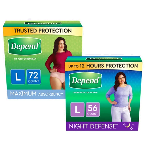 Depend Fit-Flex Adult Incontinence Underwear for Women, Disposable, Maximum Absorbency, Large, 72 Count & Depend Night Defense Adult Incontinence Underwear, Overnight, Large, 56 Count