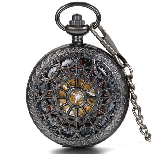 JewelryWe Classic Hand-Wind Mechanical Pocket Watch Skeleton Black Hollow Spider Web Case with Chain Belt