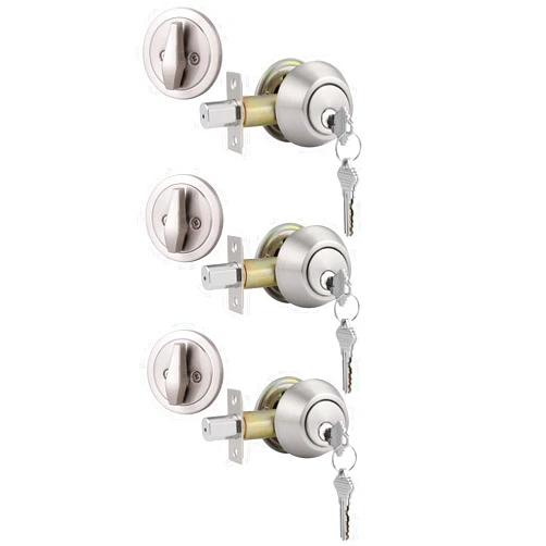 Gobrico 3 Satin Nickel Keyed Alike Keyed Single Deadbolts Door Locks with Same Key, Entry Front Door Round Cylinder Deadbolt Locksets, Thumb-Turn Button Inside