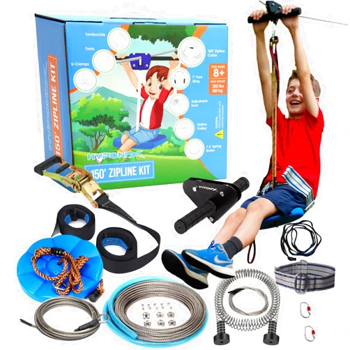 Hyponix Sporting Hyponix Zip Lines for Kids and Adults Outdoor up to 350 Lbs - 150 ft / 100 ft - 100% Rust Proof W/Safety Harness Zip Line Kit | Zipline for Backyard Kids and Adults | Zipline Kits for Backyard