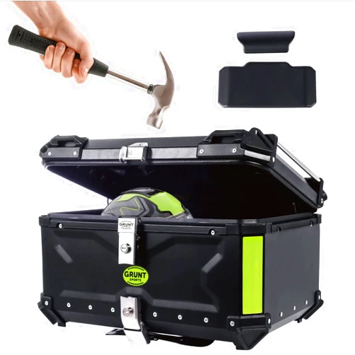 Letusto GRUNT SPORTS 45L Motorcycle Tail Box Top Case - Scooter Universal Storage Trunk – Waterproof Aluminum Luggage Tour Helmet Box with Security Lock - Includes Back Cushion (Black, 45L)