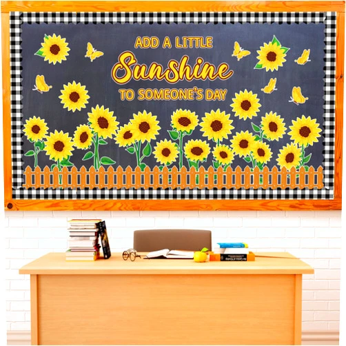 Jacyan Sunflower Bulletin Board Decoration Fall Cutout Set with Butterflies Fences Bulletin Cardboard Thanksgiving Motivational Sayings Cutouts for Classroom Window Wall Door Home Office Nursery School Decor