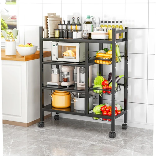 NIROZA Kitchen Storage Bakers Rack with Wheels - Adjustable 4-Tier Kitchen Organizers Shelves, Kitchen Rack with 3 Wire Baskets,Microwave Stand, Metal Kitchen Cart for Garage, Pantry, Bathroom (Black)