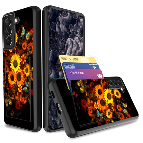 JHYYTUJTYP for Galaxy S23 FE 5G Case with Card Holder,Heavy Duty Protective Dual Layer Shockproof Hidden Card Slot Wallet Case for Samsung Galaxy S23 FE 5G 6.4”,Sunflower and Butterflies