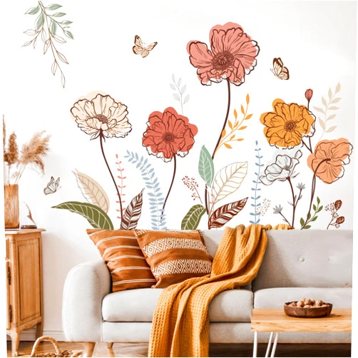 wondever Boho Flower Wall Stickers Wildflower Floral Grass Peel and Stick Wall Art Decals for Living Room Bedroom TV Wall