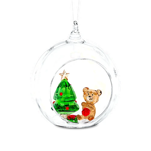 SWAROVSKI Christmas Scene Ornament, for Hanging on a Tree or for Display, Clear Crystal with Teddy Bear and Tree, Part of The Swarovski Joyful Ornaments Collection
