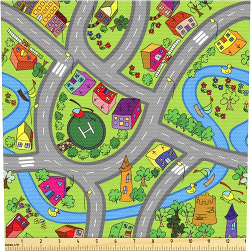 Ambesonne Car Race Track Fabric by The Yard, Hand-Drawn Style Suburb Cartoon Roadway Activity Design Neighborhood, Decorative Fabric for Upholstery and Home Accents, 1 Yard, Grey Green