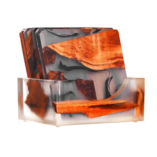 AVOCRAFTS Walnut Coasters Set, Epoxy Coasters, Modern Coasters with Holder, Walnut Coasters No Scent