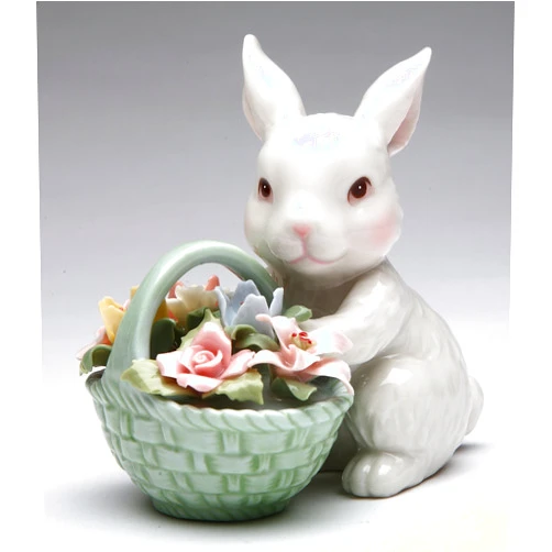 Cosmos Gifts 10592 Fine Porcelain White Bunny Rabbit with Rose Flower Basket Figurine, 3-5/8