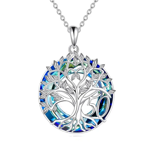 CRMAD 16th 18th 30th 40th 50th 60th 70th 80th 90th 100th Birthday Gifts Necklace for Women Sterling Silver Tree of Life Necklace with Blue Crystal Mothers Day Christmas Jewelry Gifts for Mother Women Wife