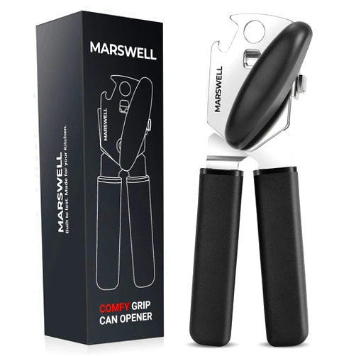 MARSWELL Manual Can Opener with Comfy Grip, Easy Turn Knob & Magnetic Lid Lifter, Smooth Cutting Hand Held Can Opener for Seniors, Arthritis & Weak Hands, Heavy Duty Kitchen Tool, Black