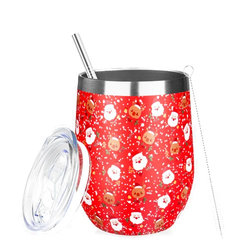 GUDEMAO Christmas Wine Tumbler 12 oz Stainless Steel Wine Tumble Insulated Wine Tumbler with Lid Christmas Wine Glass Gifts with Straw and Brushes for Women Men Xmas Wedding Party (Red)