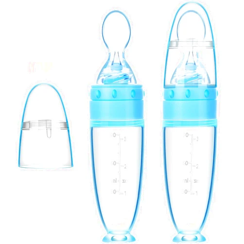 Nuanchu 2 Pieces Silicone Baby Spoons Baby Feeding Spoon with Standing Base for Infant 0-24 Months Dispensing and Feeding (Blue)