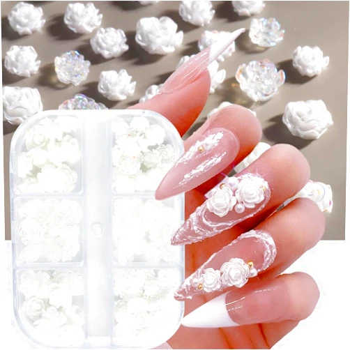 Tyuimhx Flowers Nail Charms 3D Resin White & Aurora Clear Rose Designs Nail Art Charms for Acrylic Nails Flatback Floral Nail Supplies for Women Girls DIY Manicure Decorations Crafts (6 Grids)