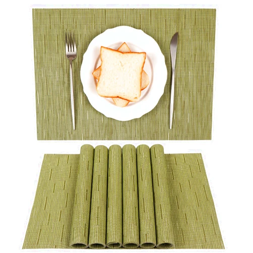 YeaBerr Placemats Set of 6, Bamboo Vinyl Woven Wipeable Heat-Resistant Place Mats, Stain Resistant Washable Table Mats for Dining Table Kitchen Indoor Decor, Green