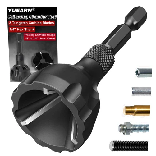 YUEARN Deburring External Chamfer Tool with Tungsten Carbide Blade, Remove Burrs for Copper Steel Aluminum, Deburring Drill Bit Bolt Thread Repair Tool with Quick Release 1/4