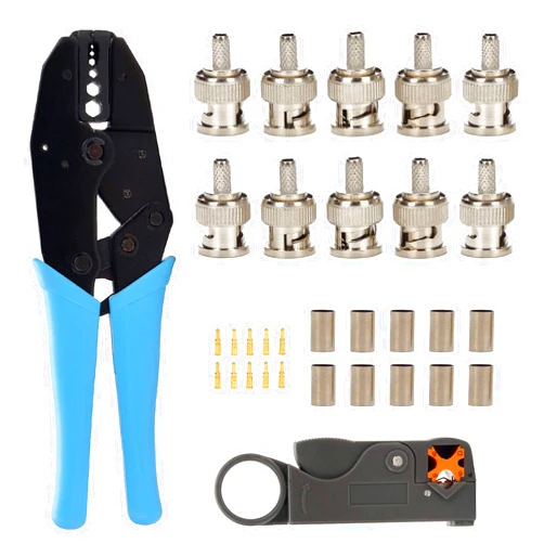 TLS.eagle BNC RG58 Plug Crimp Connector and Striping Crimp Tool for RG58 RG59 Pack of 10