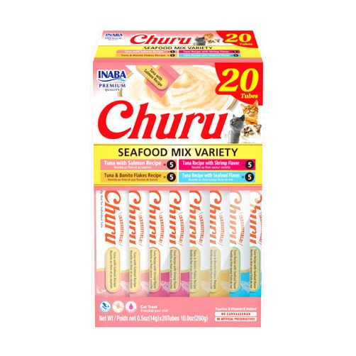 INABA Churu Cat Treats, Grain-Free, Lickable, Squeezable Creamy Purée Cat Treat/Topper with Vitamin E & Taurine, 0.5 Ounces Each Tube, 20 Tubes, Seafood Variety Box