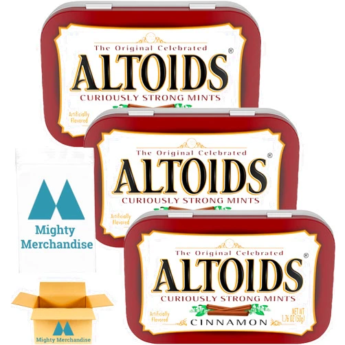 Mighty Merchandise Altoids Curiously Strong Cinnamon Breath Mints | 1.76 oz Tins (Pack of 3) | Individual Packs | Great For Holidays, Parties, Gifts & More! | With Mighty Merchandise Pocket Snack Bag