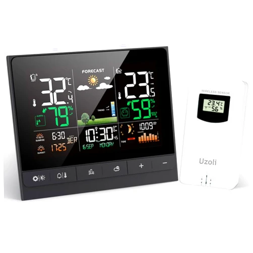 Uzoli Weather Station Wireless Indoor Outdoor, Temperature Humidity Monitor with Sensor, Weather Thermometer with Atomic Clock, Sunrise Sunset Time, Tide Level, Weather Forecast for Home