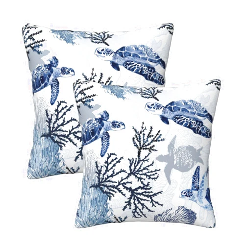 Weiscode Nautical Blue Pillow Covers Set of 2, Coastal Beach Themed Coral Sea Turtle Navy Decorative Throw Pillows Cases Cushion Cover for Couch Sofa Bedroom Living Room Car, Home Decor, 18x18 Inch, Blue