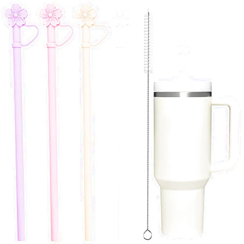 Gdsinstna Replacement Straw Compatible with Stanley 40 oz Cup Tumbler,Reusable Silicone Straws with Caps, 4 Silicone Straws with a Cleaning Brush