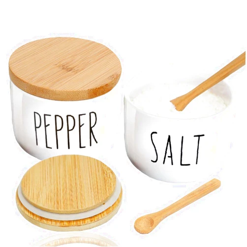 VICUKIE Farmhouse Salt And Pepper Bowls,Stacked Ceramic Salt Cellar With Bamboo Lid, Salt Container With Lid And Spoon, Modern Farmhouse Kitchen Decor, Salt Box, Spice Box (WHITE AND WHITE)