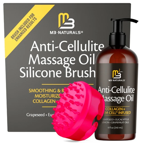 M3 Naturals Anti Cellulite Massage Oil and Silicone Body Brush – Collagen and Stem Cell Skin Tightening Formula for Smoothing and Firming, 8 fl oz by M3