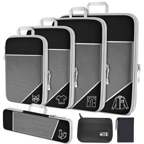 NiHome 7PCS Compression Packing Cube Set Expandable Mesh Travel Bag Luggage Organizers with Electronic Cable Cord Charger Organizer Drawstring Bag for Trip Home Storage Travel Gear Accessories (Black)